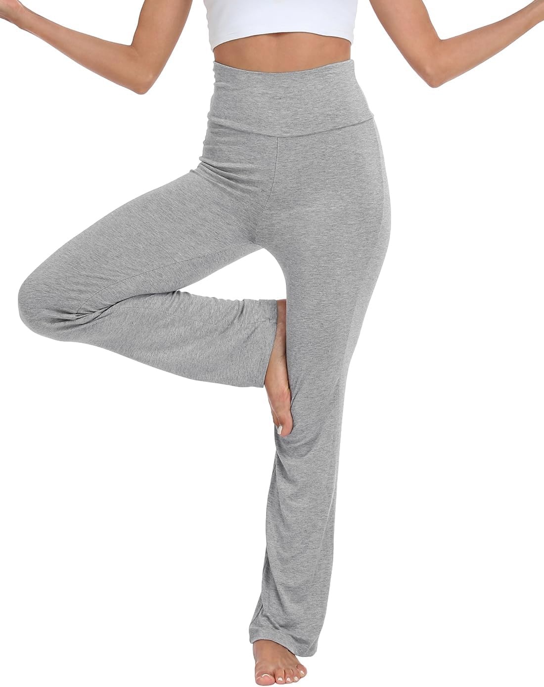 image:imageHDE Womens Color Block Fold Over Waist Yoga Pants Flare Leg Workout LeggingsHeather Gray