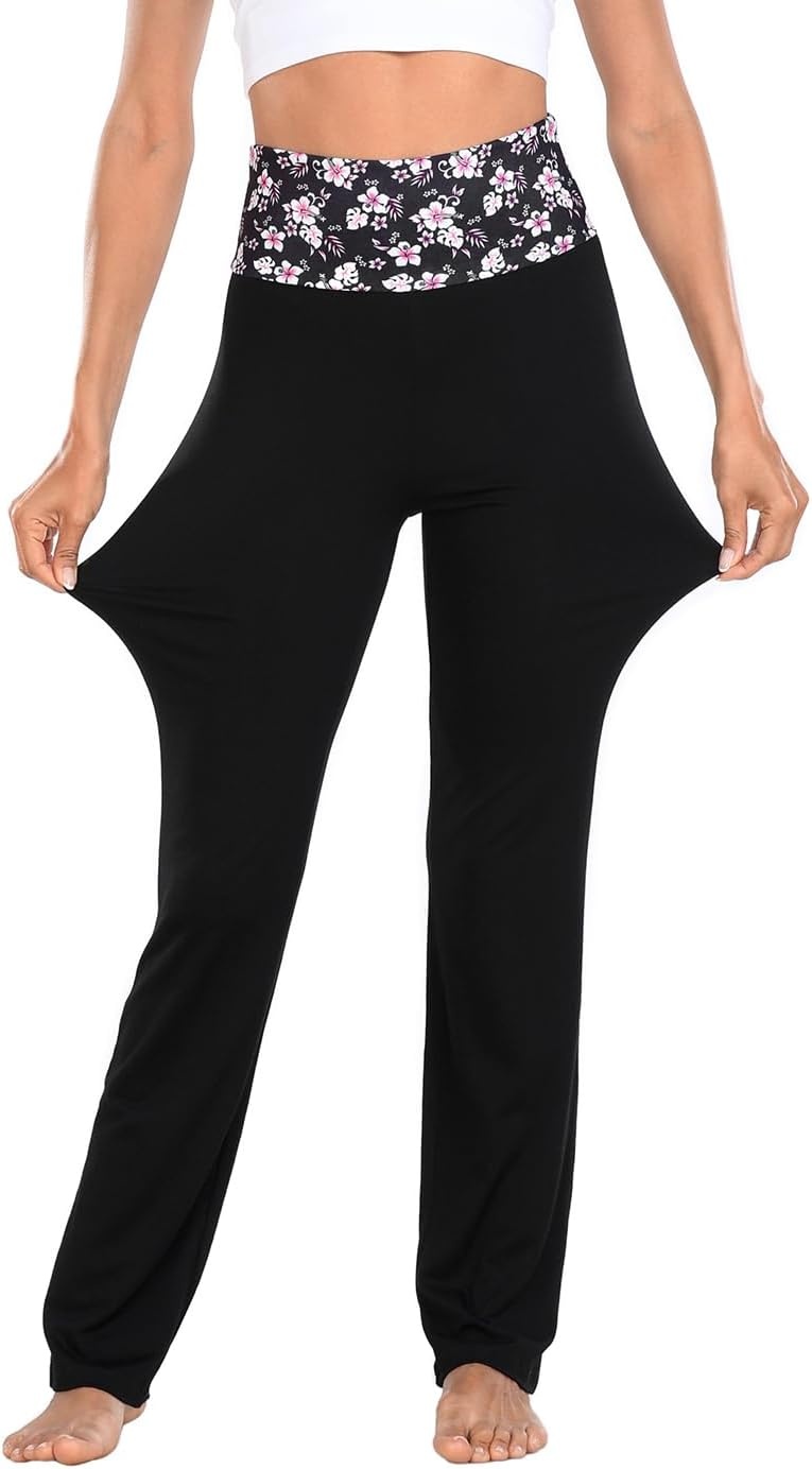 image:imageHDE Womens Color Block Fold Over Waist Yoga Pants Flare Leg Workout LeggingsPink Hibiscus Floral Black