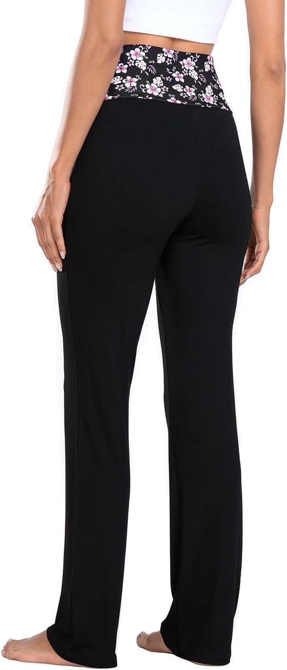 image:imageHDE Womens Color Block Fold Over Waist Yoga Pants Flare Leg Workout LeggingsPink Hibiscus Floral Black