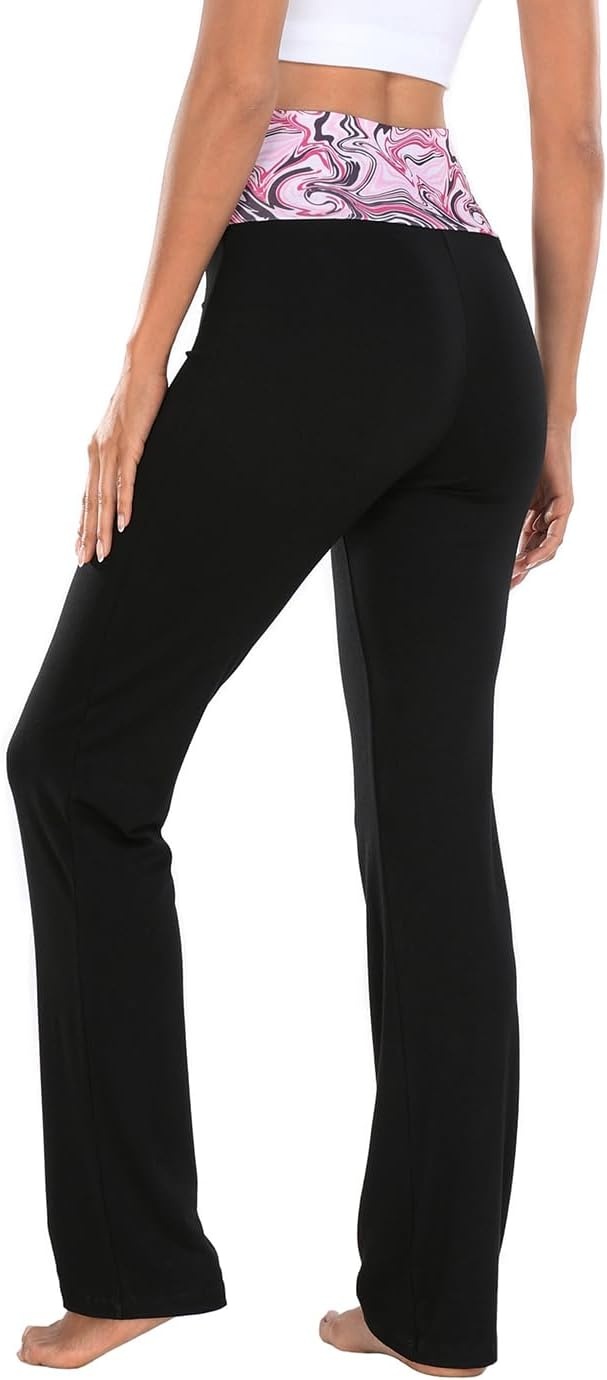 image:imageHDE Womens Color Block Fold Over Waist Yoga Pants Flare Leg Workout LeggingsPink Marble Black
