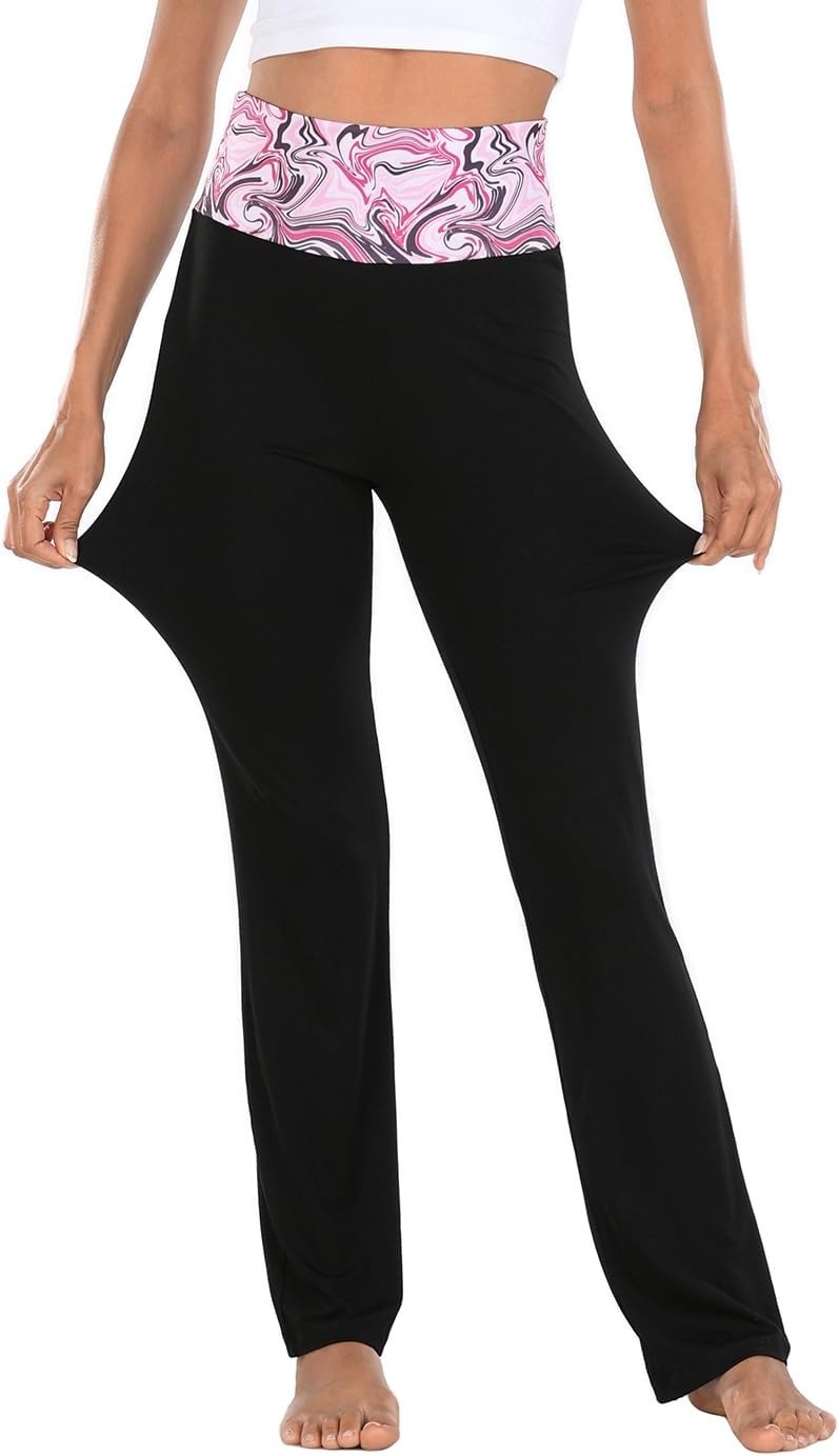 image:imageHDE Womens Color Block Fold Over Waist Yoga Pants Flare Leg Workout LeggingsPink Marble Black