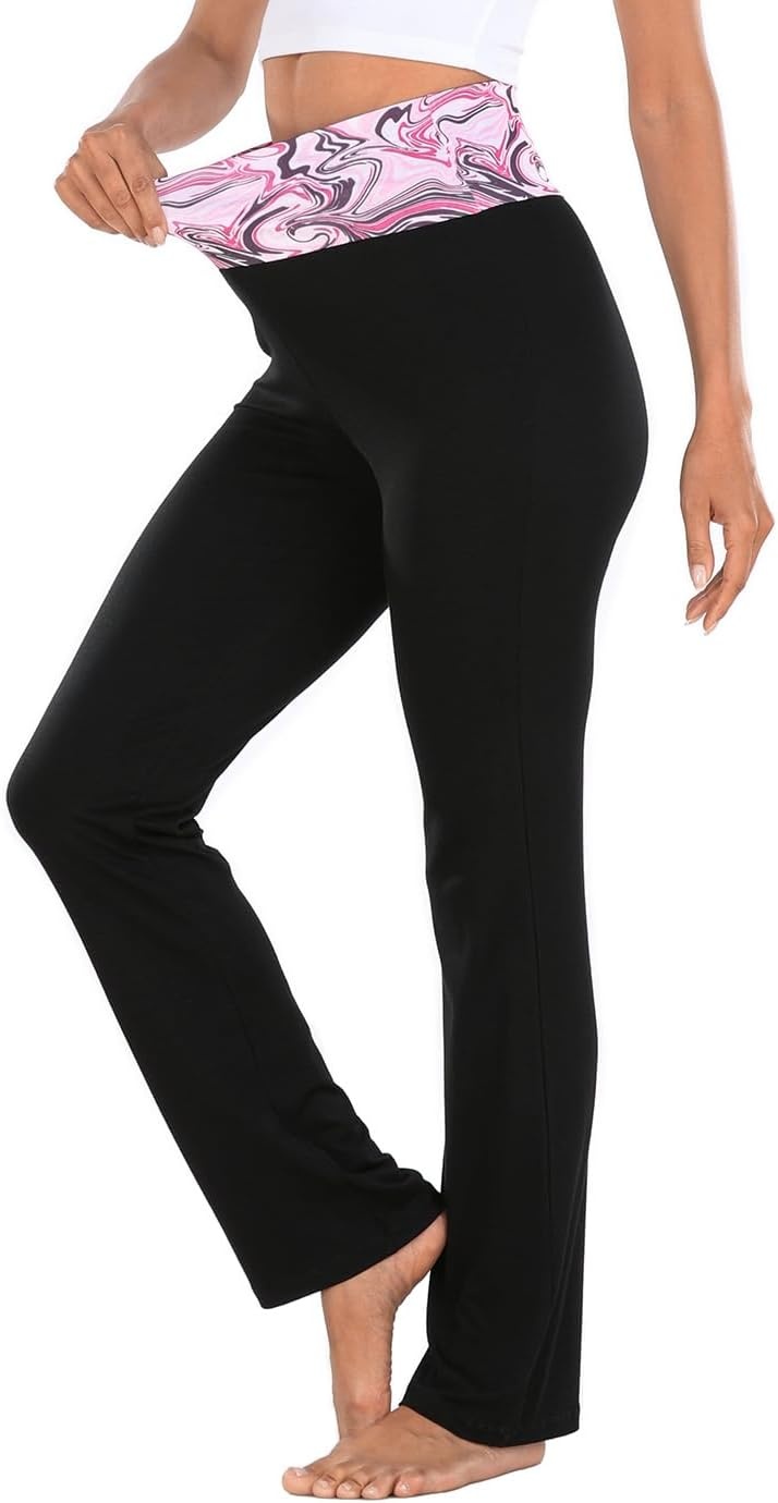 image:imageHDE Womens Color Block Fold Over Waist Yoga Pants Flare Leg Workout LeggingsPink Marble Black