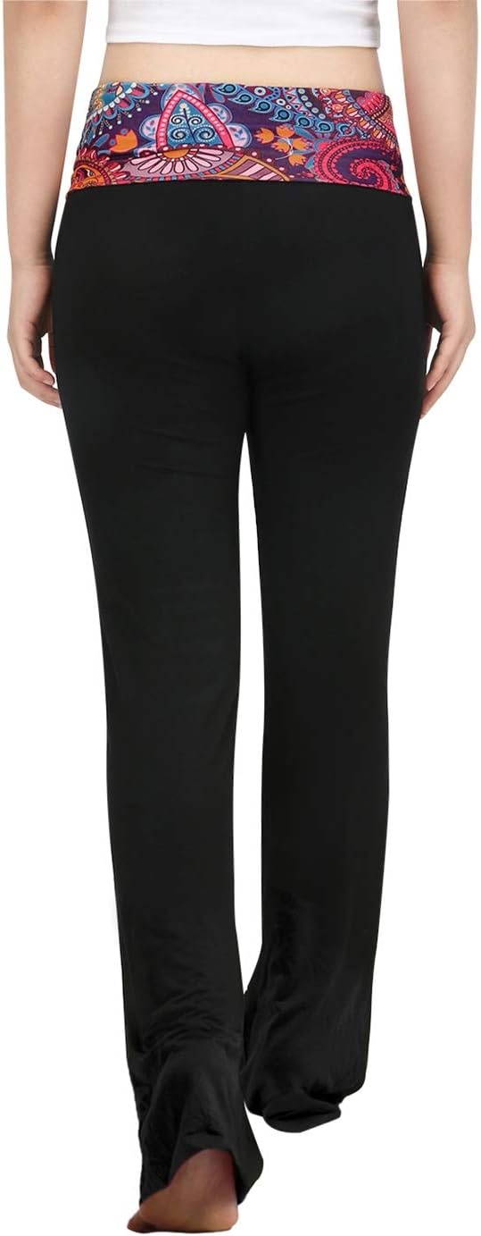 image:imageHDE Womens Color Block Fold Over Waist Yoga Pants Flare Leg Workout LeggingsPurple Paisley