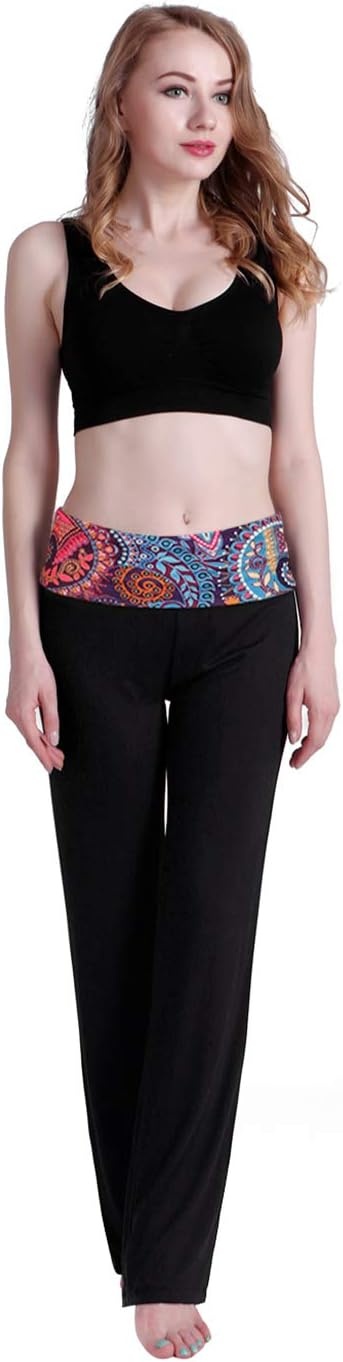 image:imageHDE Womens Color Block Fold Over Waist Yoga Pants Flare Leg Workout LeggingsPurple Paisley