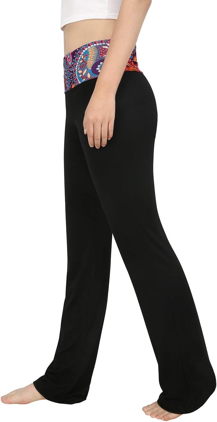 image:imageHDE Womens Color Block Fold Over Waist Yoga Pants Flare Leg Workout LeggingsPurple Paisley