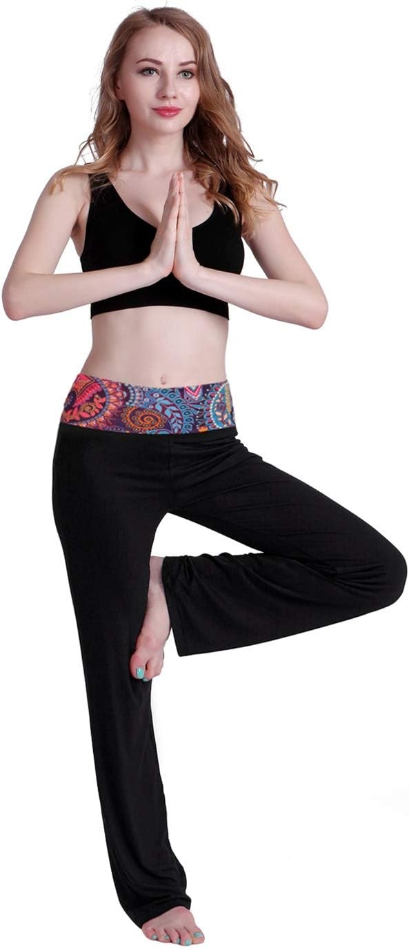 image:imageHDE Womens Color Block Fold Over Waist Yoga Pants Flare Leg Workout LeggingsPurple Paisley