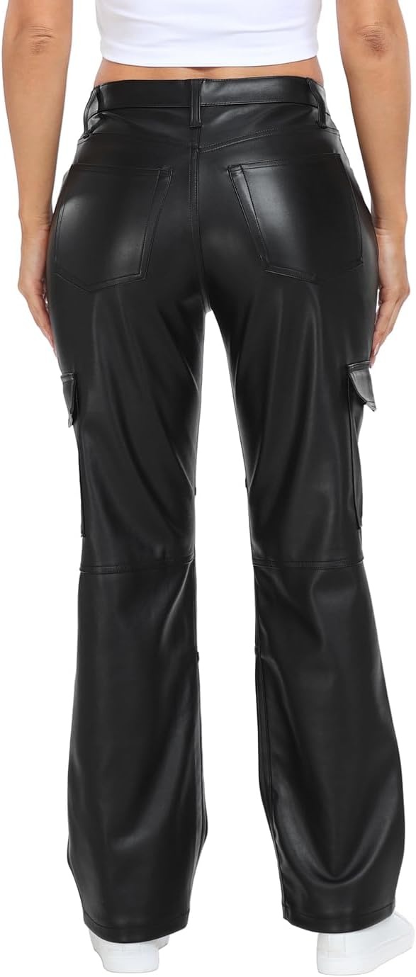 image:imageHDE Womens Faux Leather Cargo Pants with Pockets High Waisted Y2K Relaxed PantBlack
