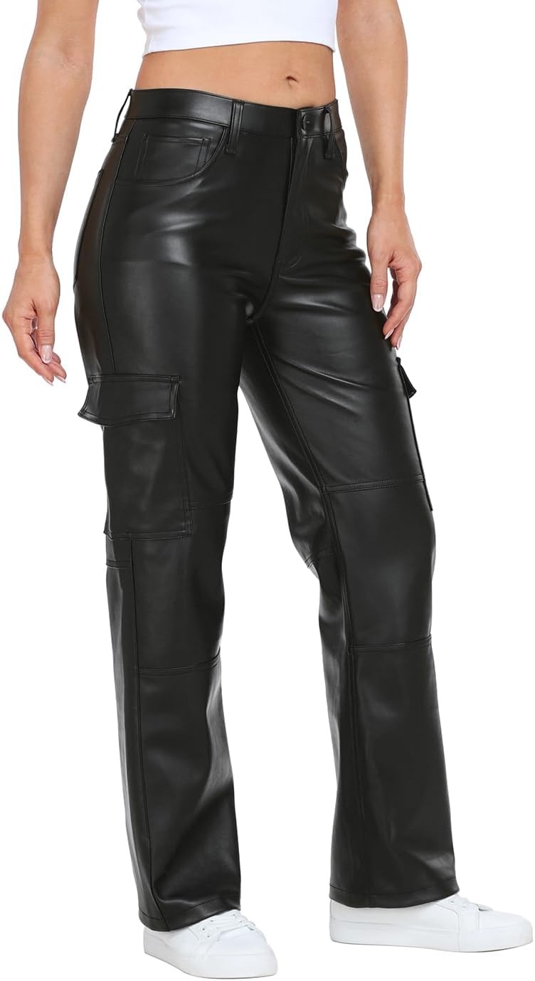 image:imageHDE Womens Faux Leather Cargo Pants with Pockets High Waisted Y2K Relaxed PantBlack