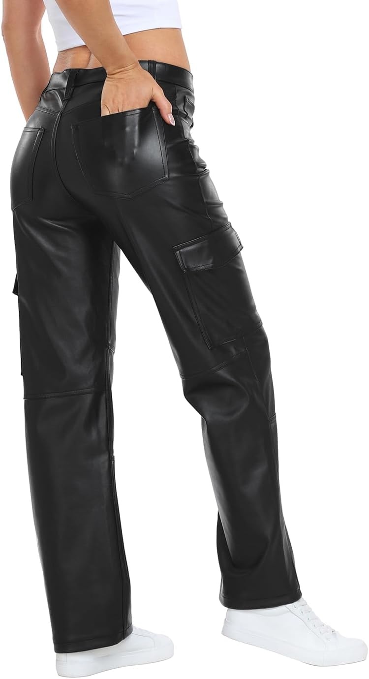 image:imageHDE Womens Faux Leather Cargo Pants with Pockets High Waisted Y2K Relaxed PantBlack