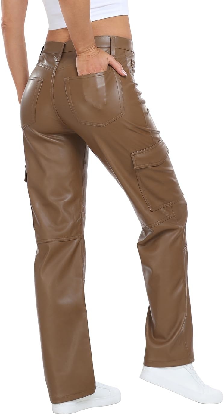 image:imageHDE Womens Faux Leather Cargo Pants with Pockets High Waisted Y2K Relaxed PantBrown