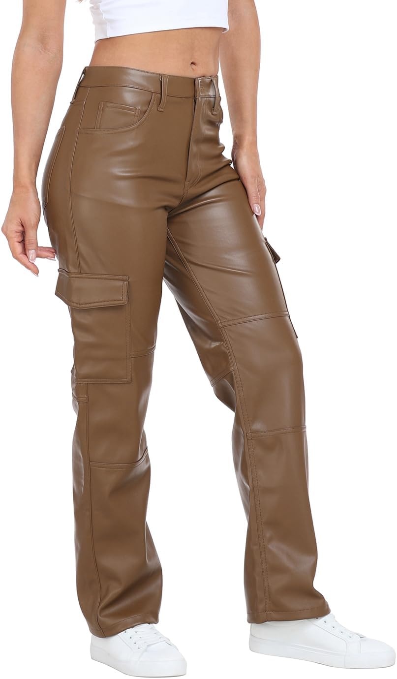 image:imageHDE Womens Faux Leather Cargo Pants with Pockets High Waisted Y2K Relaxed PantBrown