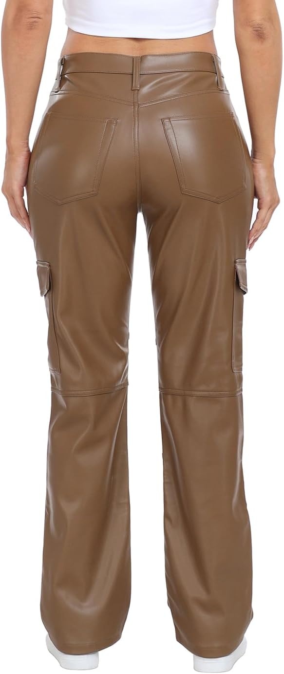 image:imageHDE Womens Faux Leather Cargo Pants with Pockets High Waisted Y2K Relaxed PantBrown