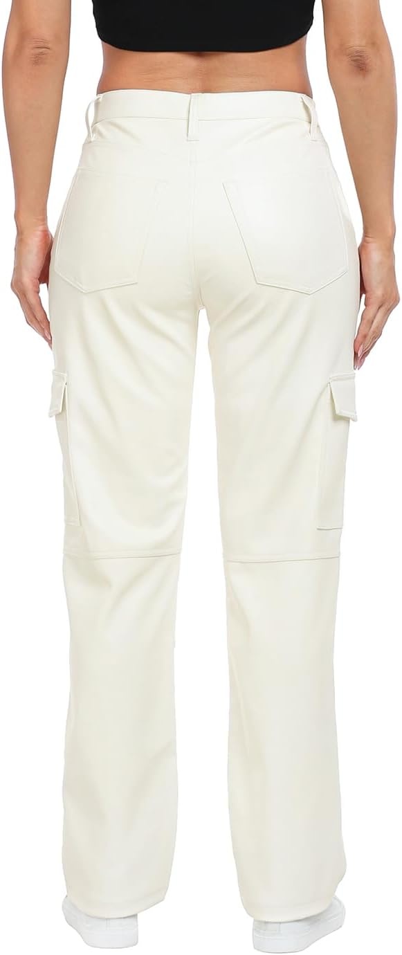 image:imageHDE Womens Faux Leather Cargo Pants with Pockets High Waisted Y2K Relaxed PantCream White