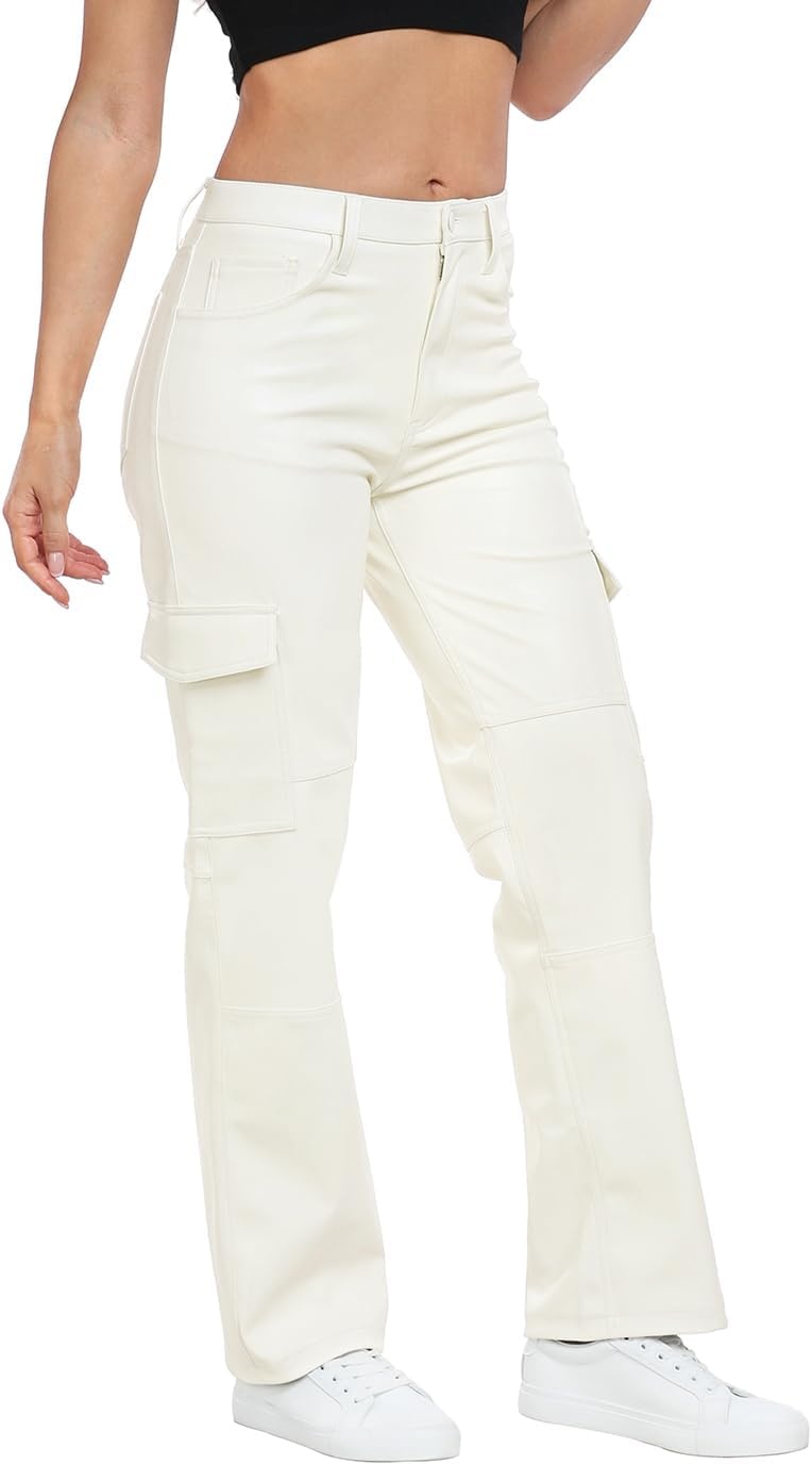 image:imageHDE Womens Faux Leather Cargo Pants with Pockets High Waisted Y2K Relaxed PantCream White
