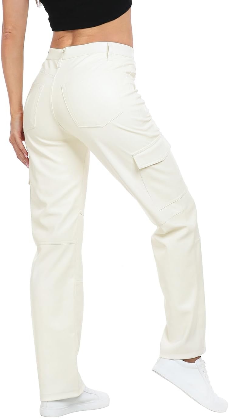 image:imageHDE Womens Faux Leather Cargo Pants with Pockets High Waisted Y2K Relaxed PantCream White