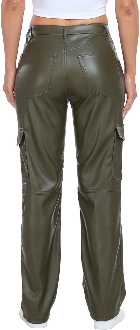 image:imageHDE Womens Faux Leather Cargo Pants with Pockets High Waisted Y2K Relaxed PantGreen
