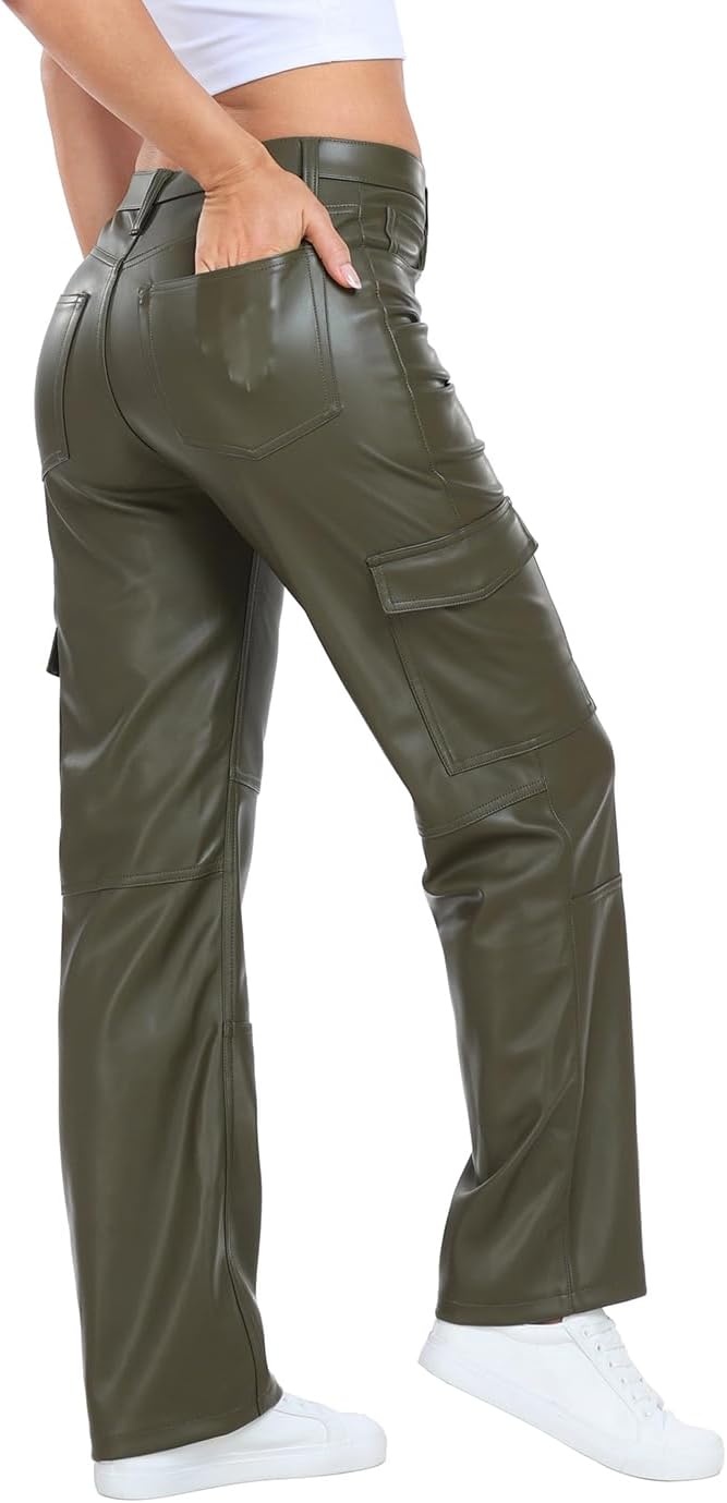 image:imageHDE Womens Faux Leather Cargo Pants with Pockets High Waisted Y2K Relaxed PantGreen