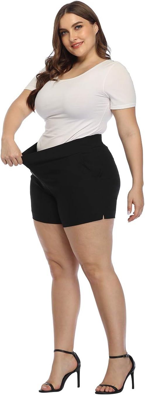 image:imageHDE Womens Plus Size Chino Shorts High Waisted 4 Inseam Summer Casual ShortsBlack