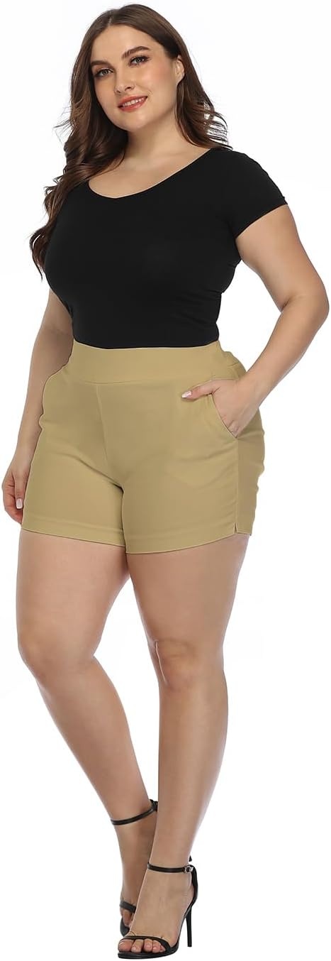 image:imageHDE Womens Plus Size Chino Shorts High Waisted 4 Inseam Summer Casual ShortsDark Khaki