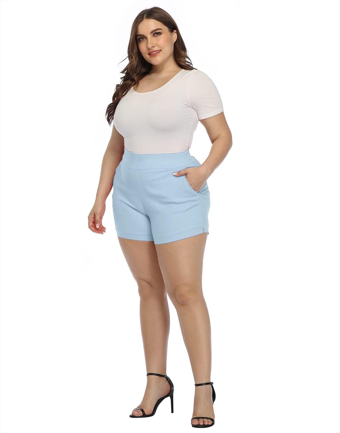 image:imageHDE Womens Plus Size Chino Shorts High Waisted 4 Inseam Summer Casual ShortsFaded Denim