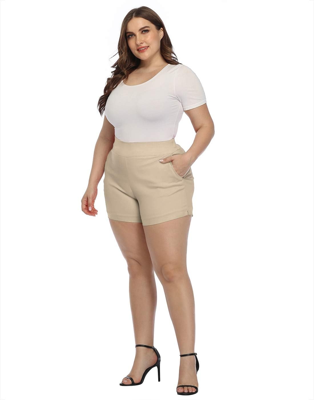 image:imageHDE Womens Plus Size Chino Shorts High Waisted 4 Inseam Summer Casual ShortsKhaki
