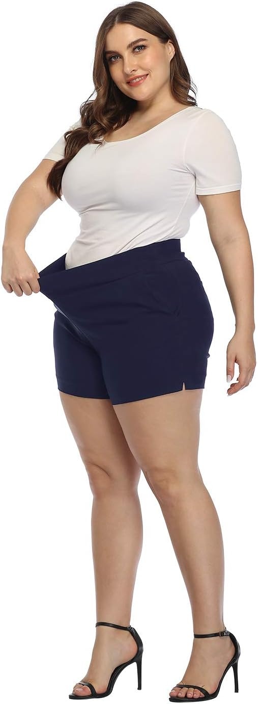 image:imageHDE Womens Plus Size Chino Shorts High Waisted 4 Inseam Summer Casual ShortsNavy Blue