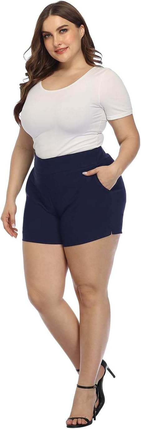 image:imageHDE Womens Plus Size Chino Shorts High Waisted 4 Inseam Summer Casual ShortsNavy Blue