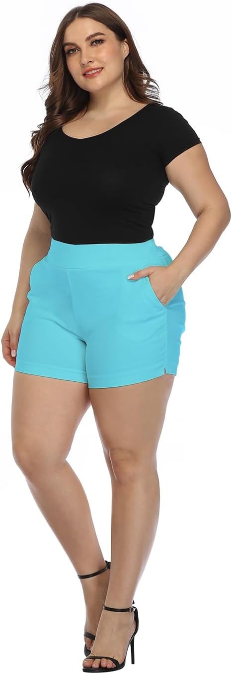 image:imageHDE Womens Plus Size Chino Shorts High Waisted 4 Inseam Summer Casual ShortsOcean Blue