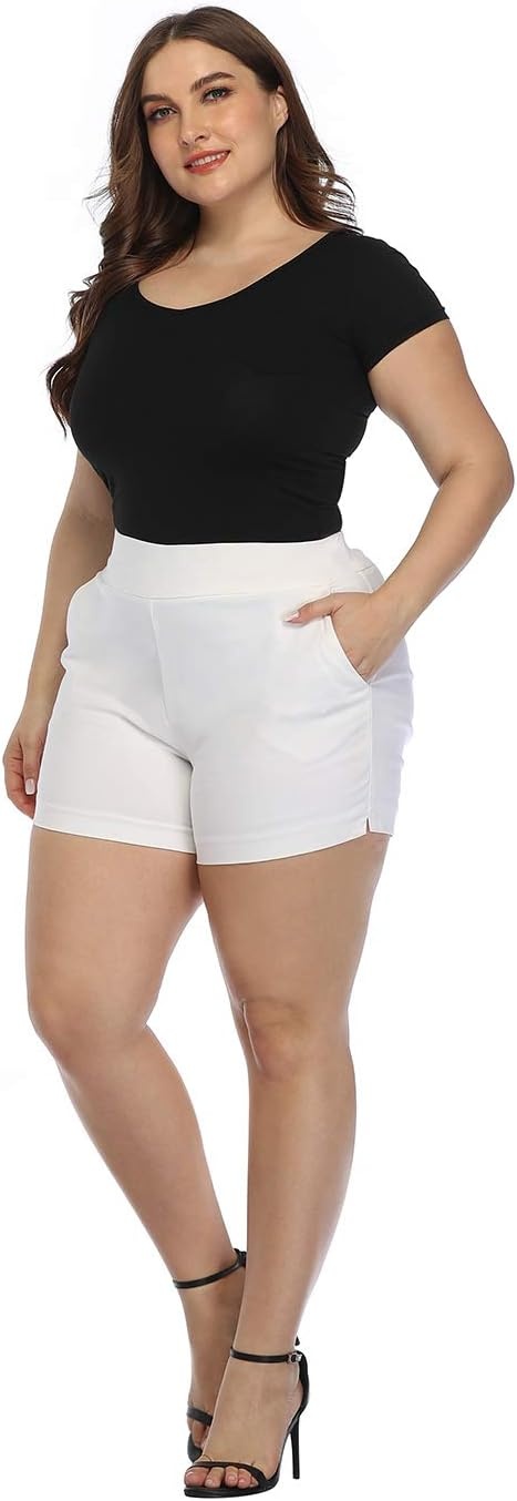 image:imageHDE Womens Plus Size Chino Shorts High Waisted 4 Inseam Summer Casual ShortsWhite