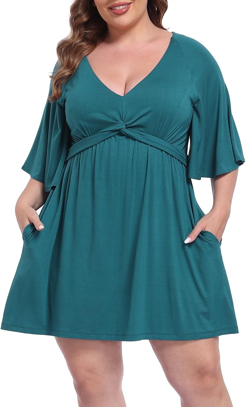 image:imageHDE Womens Plus Size Dress with Built in Quick Slip Short V Neck Flutter Sleeve Flowy Skirted Romper Skort Dress with PocketsDark Teal