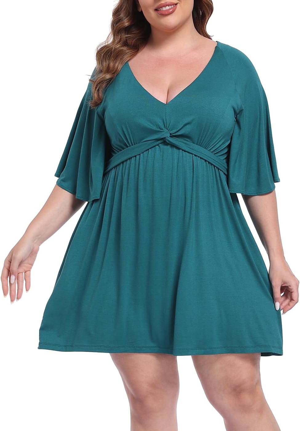 image:imageHDE Womens Plus Size Dress with Built in Quick Slip Short V Neck Flutter Sleeve Flowy Skirted Romper Skort Dress with PocketsDark Teal