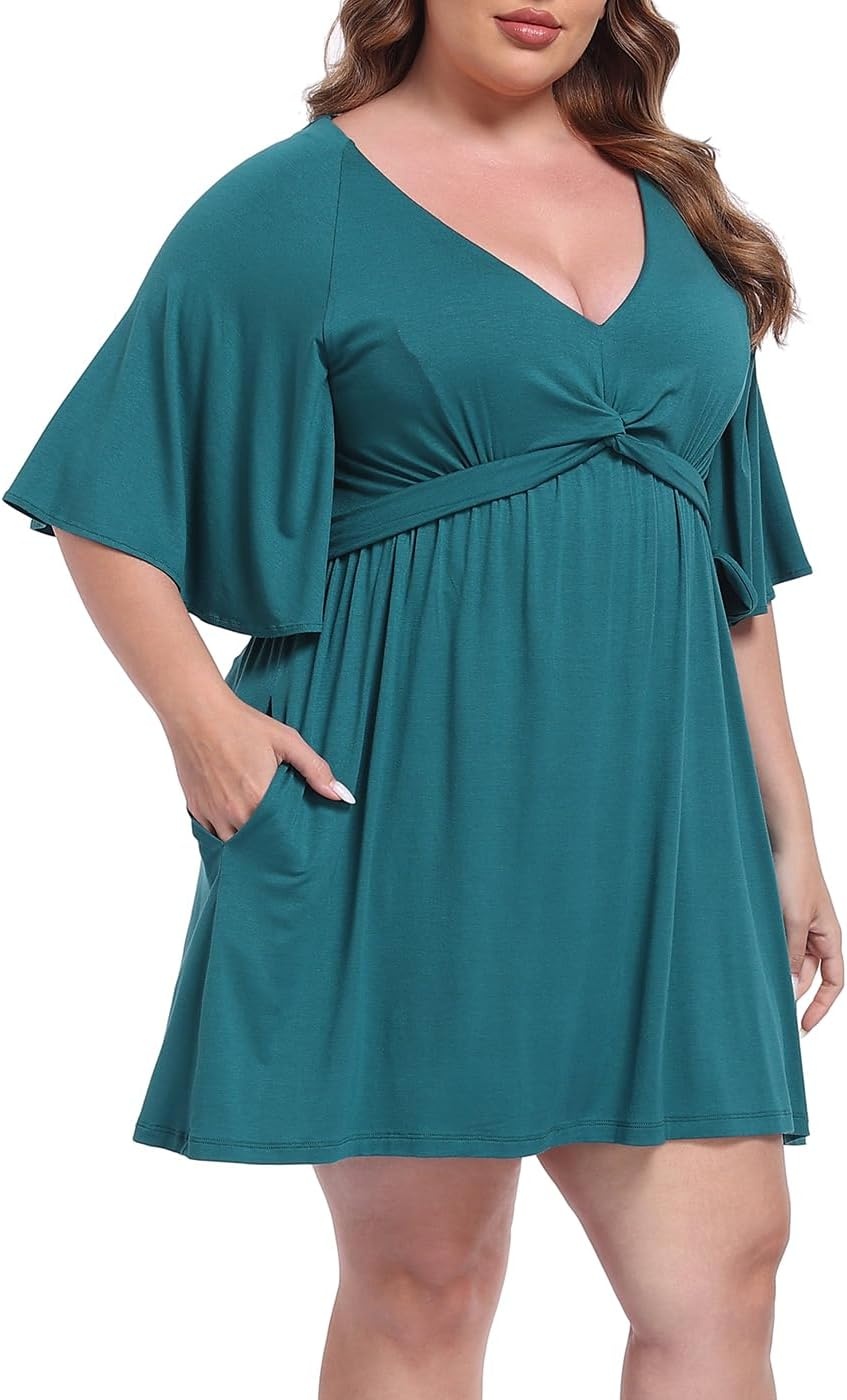 image:imageHDE Womens Plus Size Dress with Built in Quick Slip Short V Neck Flutter Sleeve Flowy Skirted Romper Skort Dress with PocketsDark Teal