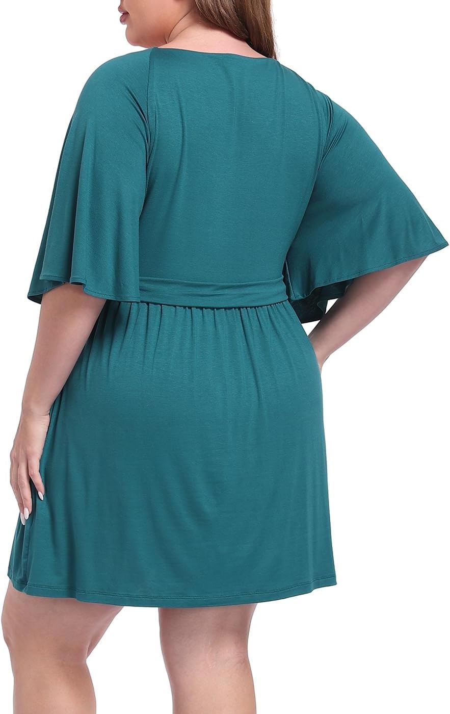 image:imageHDE Womens Plus Size Dress with Built in Quick Slip Short V Neck Flutter Sleeve Flowy Skirted Romper Skort Dress with PocketsDark Teal