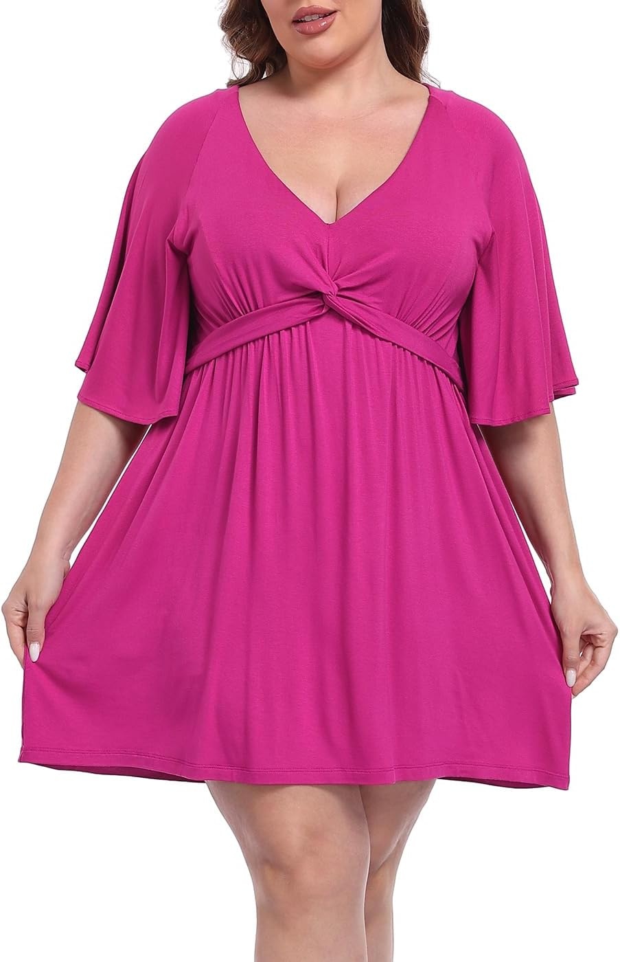 image:imageHDE Womens Plus Size Dress with Built in Quick Slip Short V Neck Flutter Sleeve Flowy Skirted Romper Skort Dress with PocketsRaspberry Purple