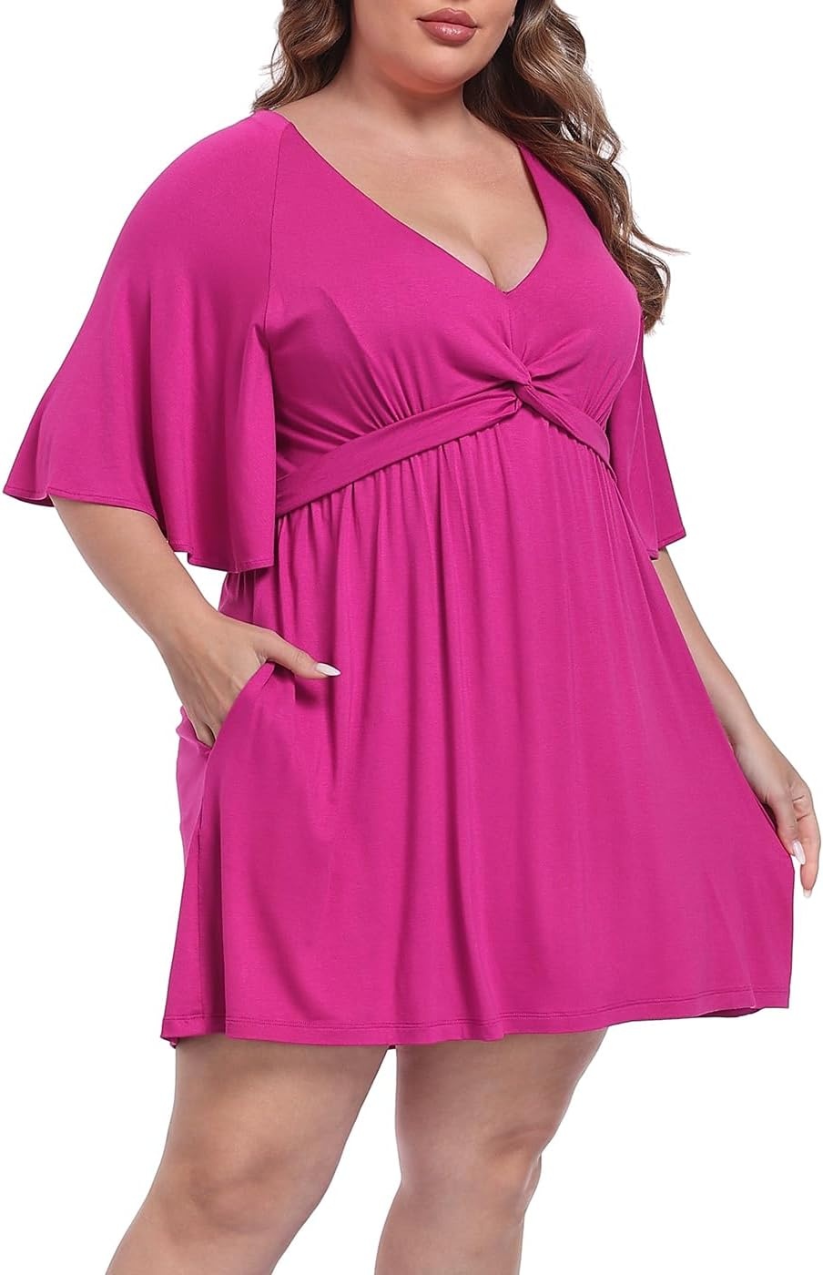 image:imageHDE Womens Plus Size Dress with Built in Quick Slip Short V Neck Flutter Sleeve Flowy Skirted Romper Skort Dress with PocketsRaspberry Purple