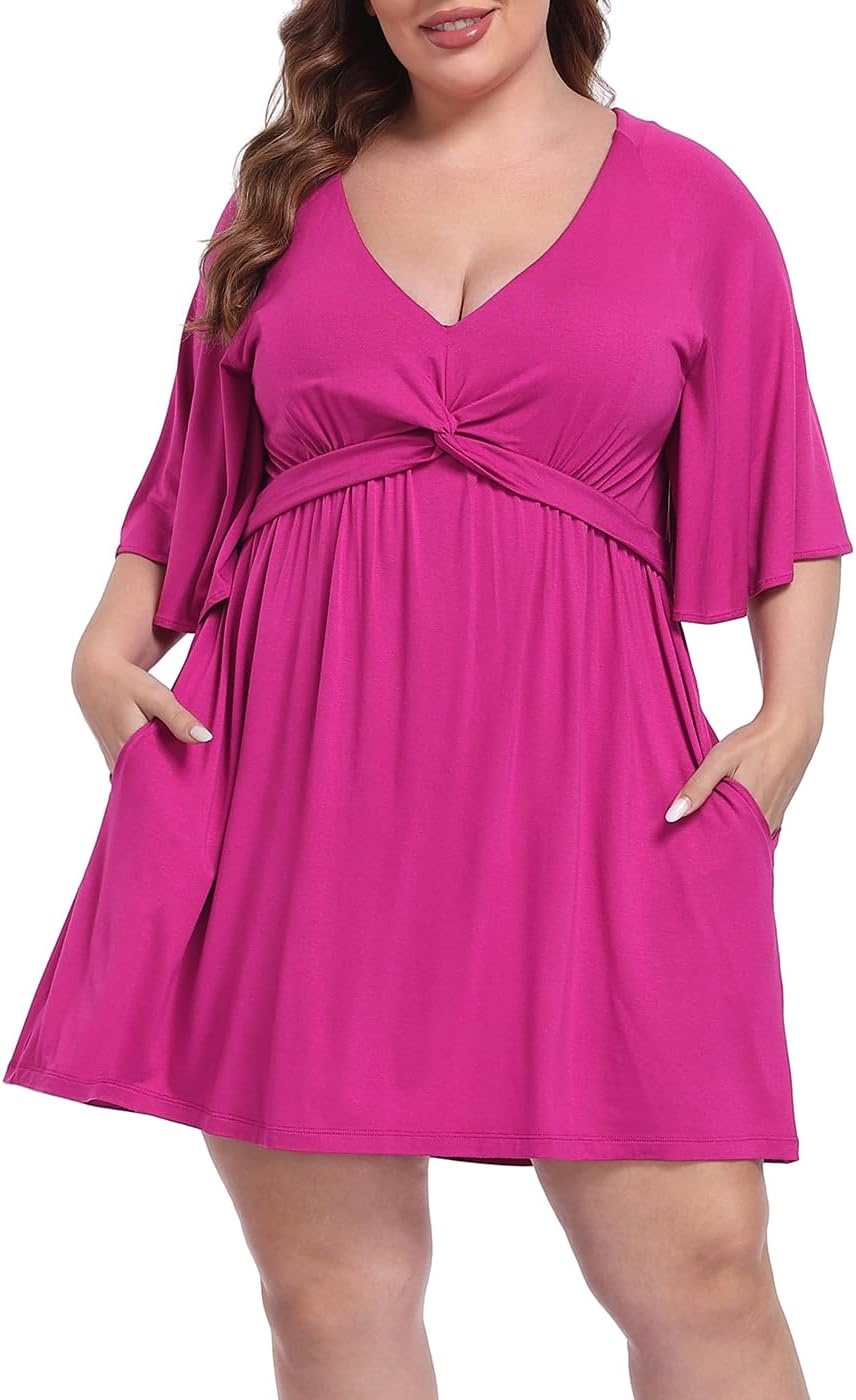 image:imageHDE Womens Plus Size Dress with Built in Quick Slip Short V Neck Flutter Sleeve Flowy Skirted Romper Skort Dress with PocketsRaspberry Purple