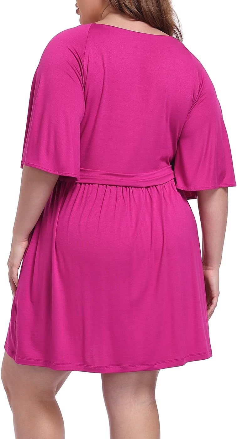 image:imageHDE Womens Plus Size Dress with Built in Quick Slip Short V Neck Flutter Sleeve Flowy Skirted Romper Skort Dress with PocketsRaspberry Purple