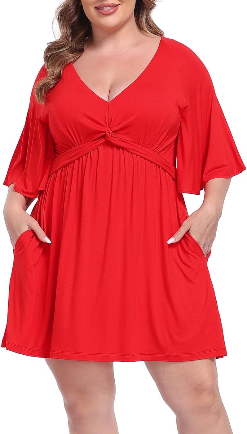 image:imageHDE Womens Plus Size Dress with Built in Quick Slip Short V Neck Flutter Sleeve Flowy Skirted Romper Skort Dress with PocketsRed