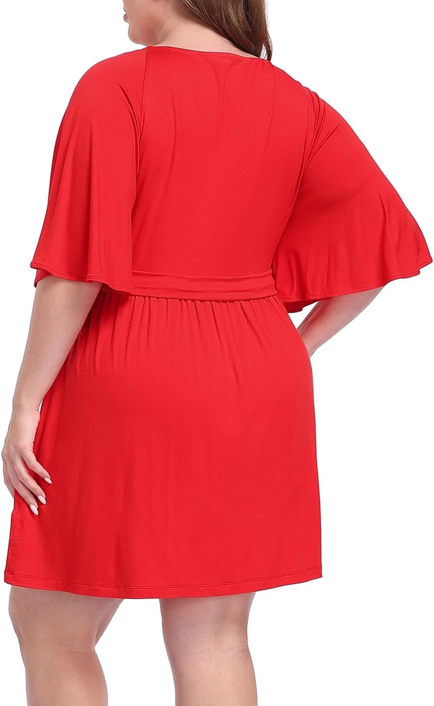 image:imageHDE Womens Plus Size Dress with Built in Quick Slip Short V Neck Flutter Sleeve Flowy Skirted Romper Skort Dress with PocketsRed