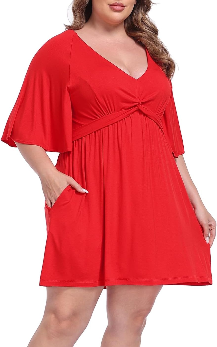 image:imageHDE Womens Plus Size Dress with Built in Quick Slip Short V Neck Flutter Sleeve Flowy Skirted Romper Skort Dress with PocketsRed