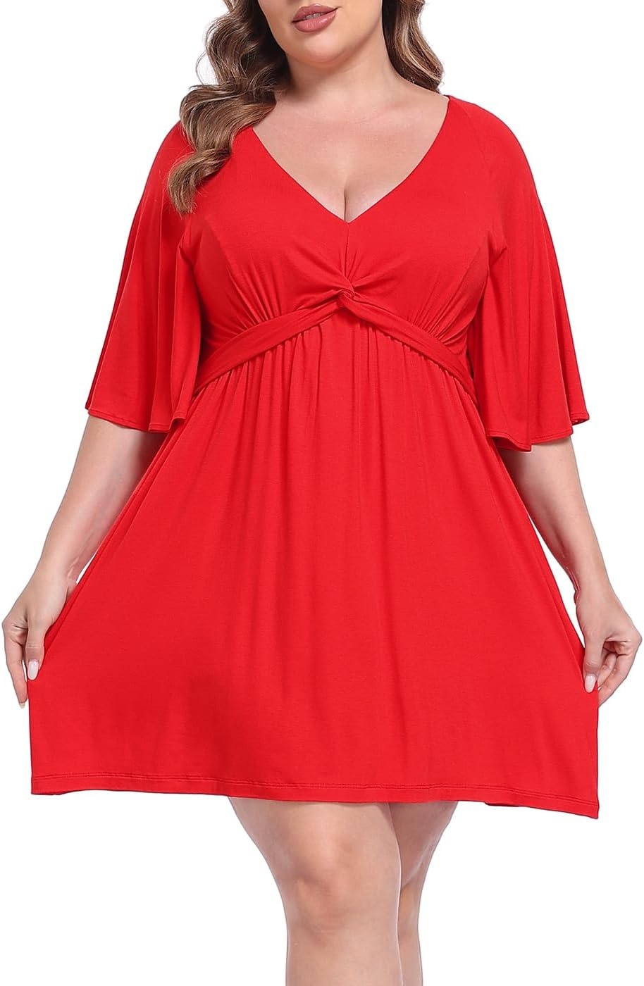 image:imageHDE Womens Plus Size Dress with Built in Quick Slip Short V Neck Flutter Sleeve Flowy Skirted Romper Skort Dress with PocketsRed