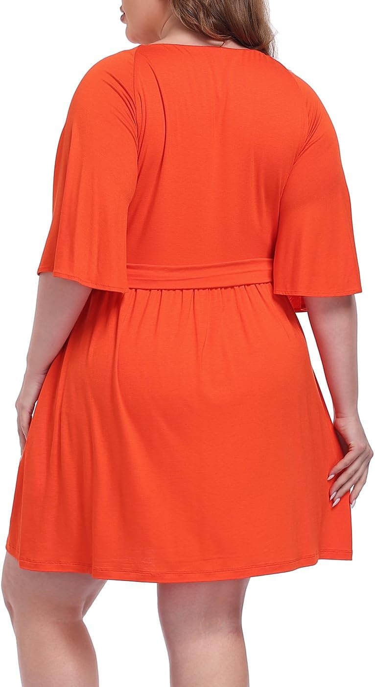 image:imageHDE Womens Plus Size Dress with Built in Quick Slip Short V Neck Flutter Sleeve Flowy Skirted Romper Skort Dress with PocketsSpicy Orange