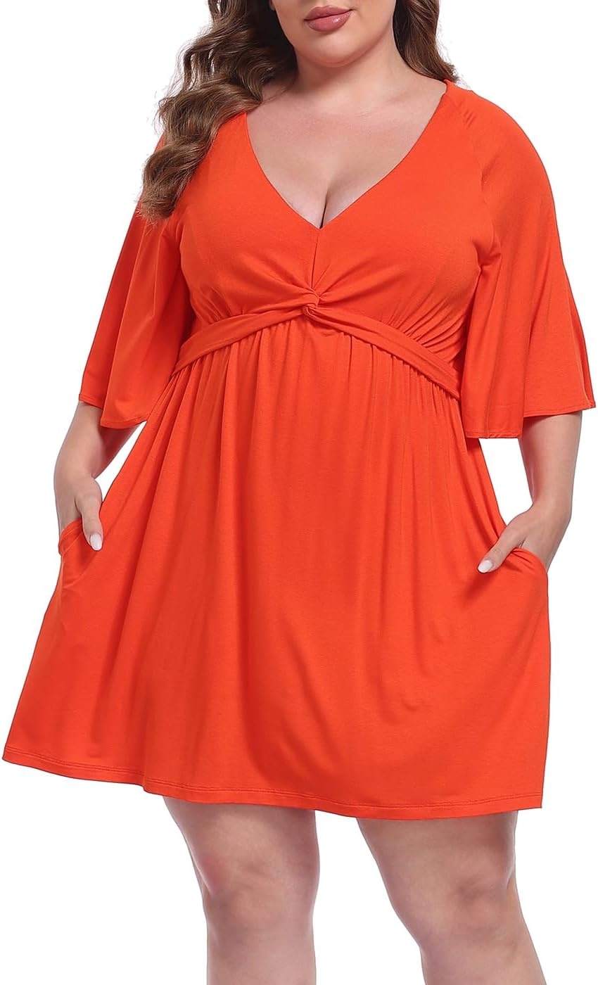 image:imageHDE Womens Plus Size Dress with Built in Quick Slip Short V Neck Flutter Sleeve Flowy Skirted Romper Skort Dress with PocketsSpicy Orange