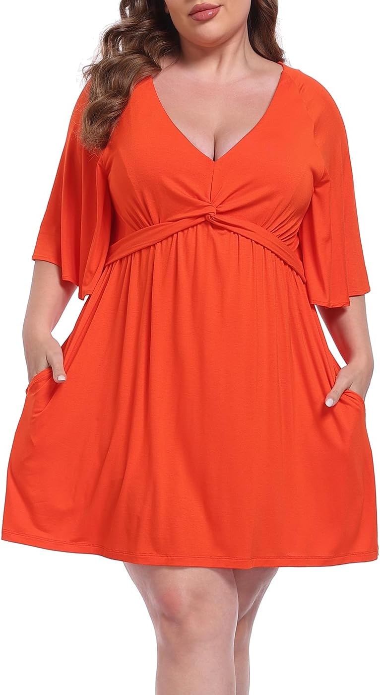 image:imageHDE Womens Plus Size Dress with Built in Quick Slip Short V Neck Flutter Sleeve Flowy Skirted Romper Skort Dress with PocketsSpicy Orange
