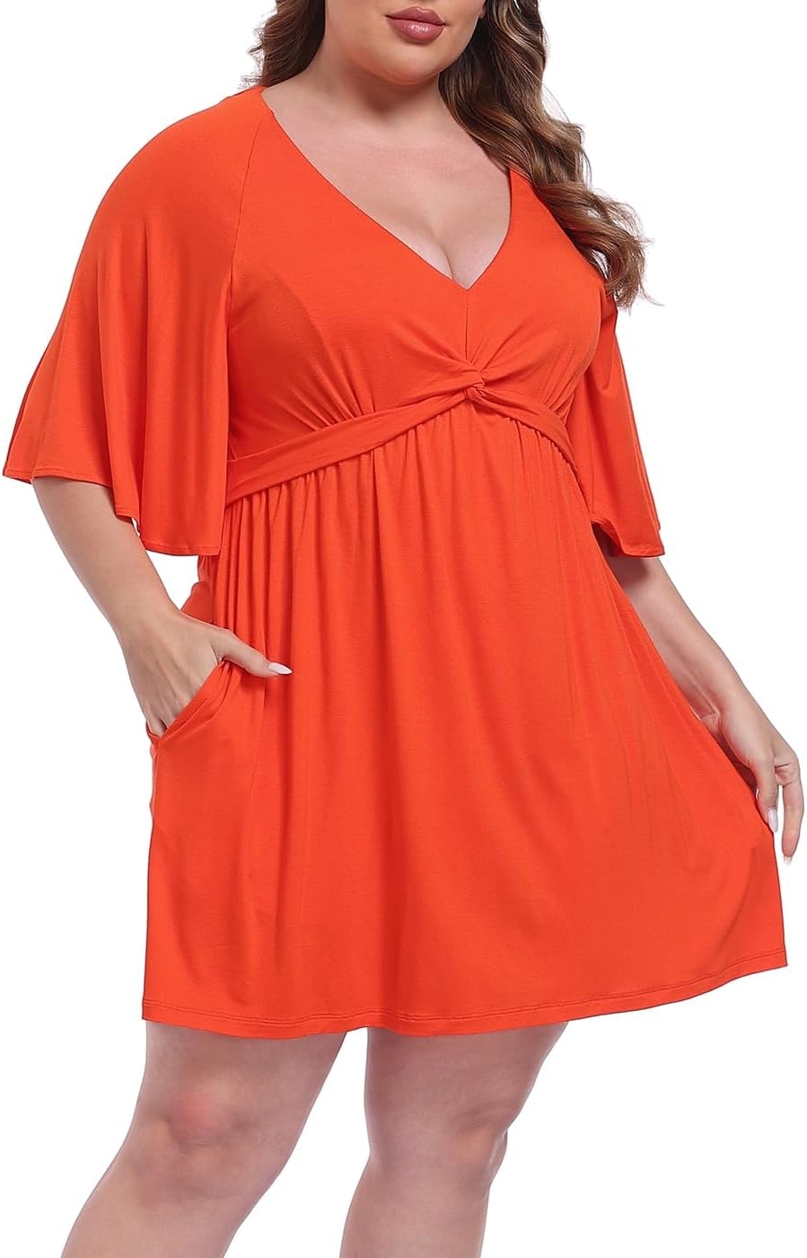 image:imageHDE Womens Plus Size Dress with Built in Quick Slip Short V Neck Flutter Sleeve Flowy Skirted Romper Skort Dress with PocketsSpicy Orange
