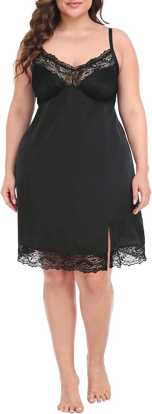 image:imageHDE Womens Plus Size Nightgown V Neck Satin Lace Chemise Babydoll Sleep DressBlack