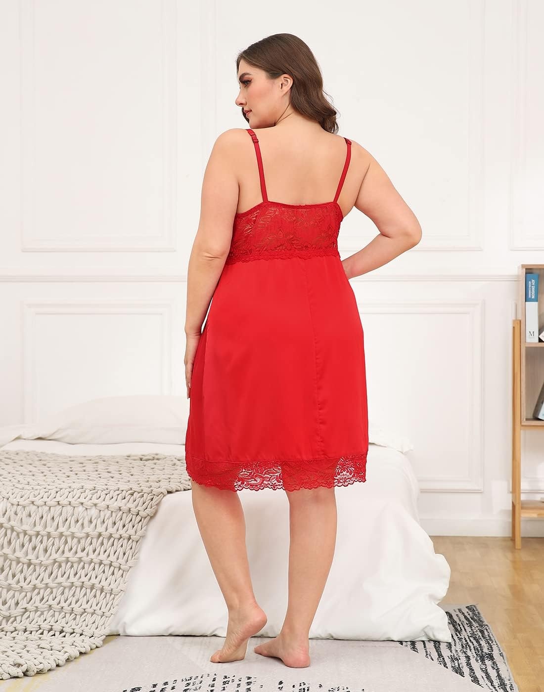 image:imageHDE Womens Plus Size Nightgown V Neck Satin Lace Chemise Babydoll Sleep DressRed