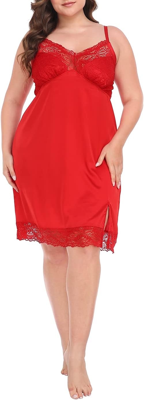 image:imageHDE Womens Plus Size Nightgown V Neck Satin Lace Chemise Babydoll Sleep DressRed