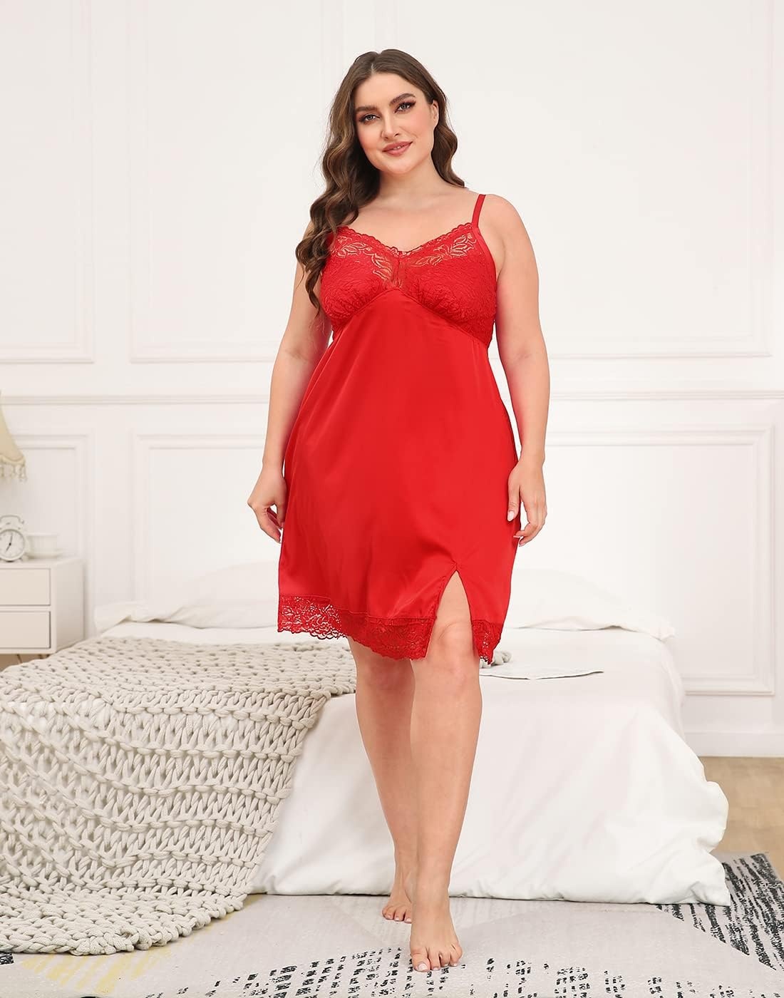 image:imageHDE Womens Plus Size Nightgown V Neck Satin Lace Chemise Babydoll Sleep DressRed