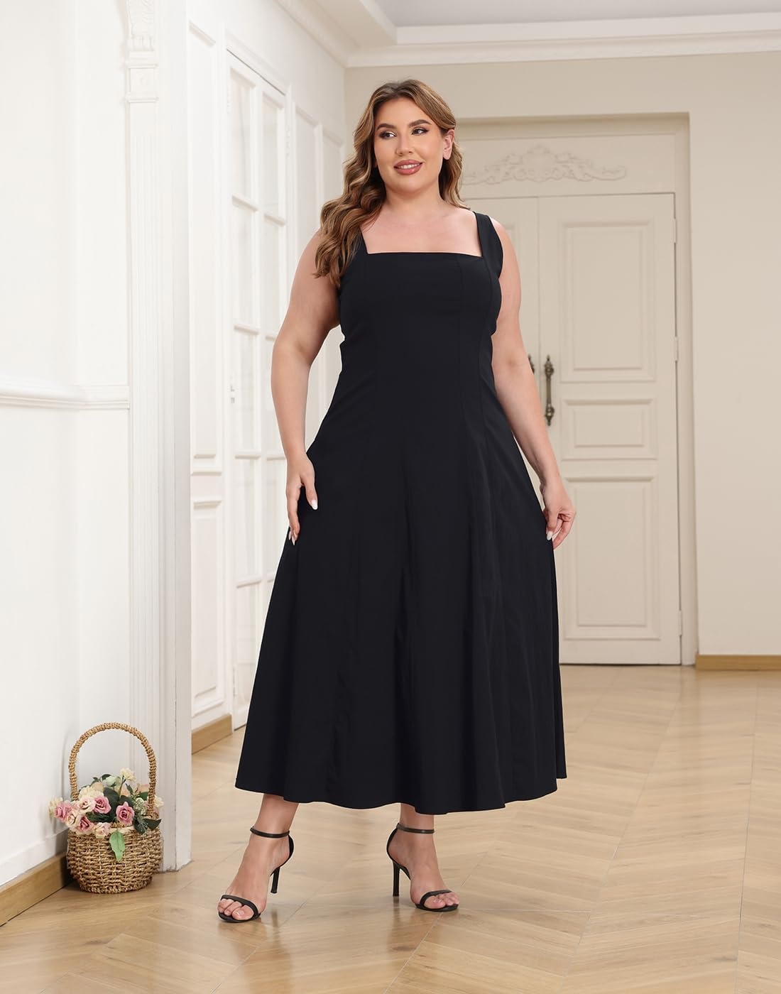 image:imageHDE Womens Plus Size Square Neck Midi Dress Sleeveless A Line Long Flowy Spring Vacation Sundress Summer Dresses with PocketsBlack